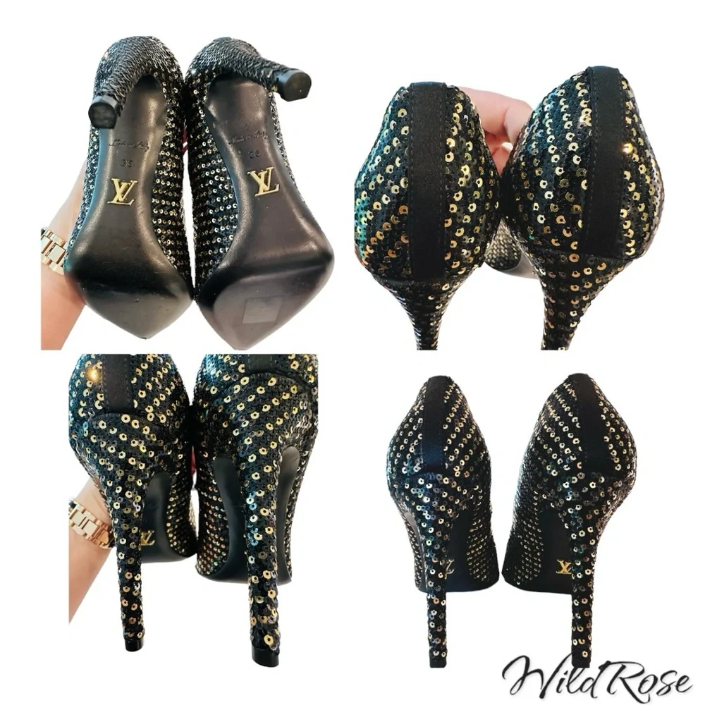 Louis Vuitton LV ‘Midnight Sun’ Black & Gold Sequins Pointy Toe Leather Pumps 36 - Picture 15 of 16